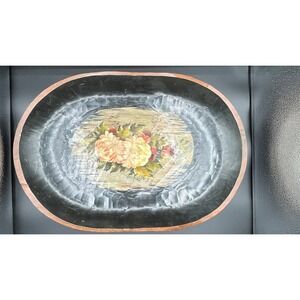 Vtg Hand Painted Oval Wooden Tray Floral Wall Hanging Farmhouse Decor Rustic 20"